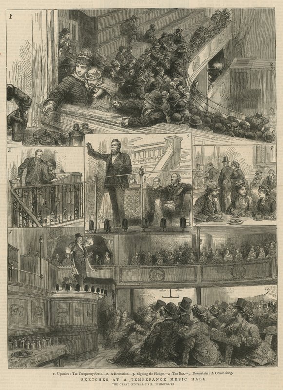Schetsen in een Temperance Music Hall, The Great Central Hall, Bishopsgate door English School