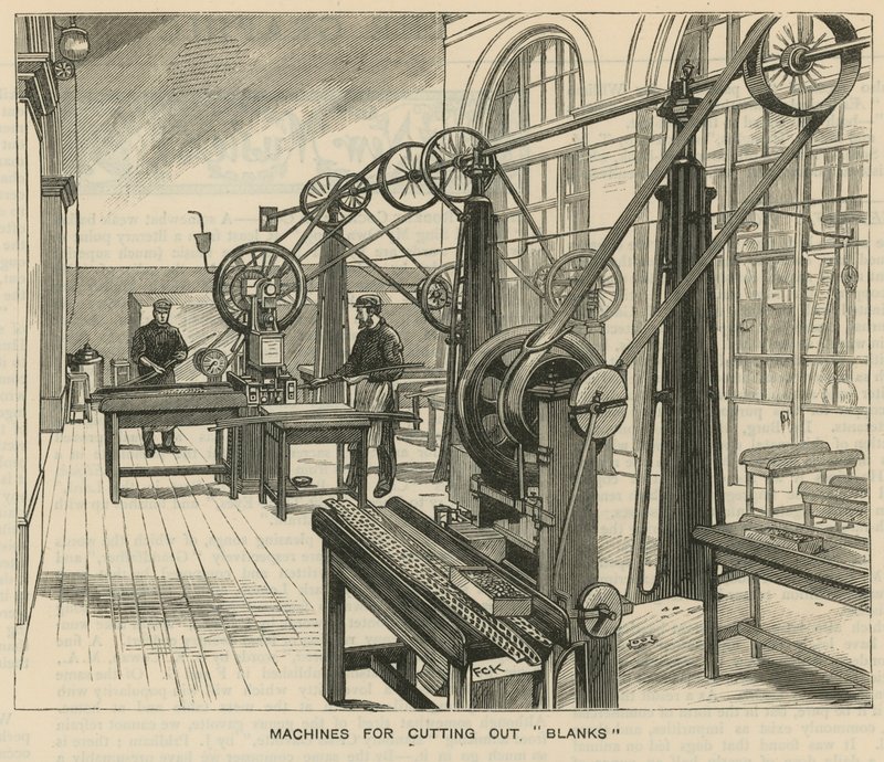 Schetsen bij de Royal Mint, Tower Hill; machines voor het uitsnijden van blanco