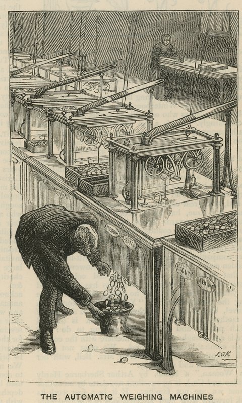 Schetsen bij de Royal Mint, Tower Hill; de automatische weegmachines door English School