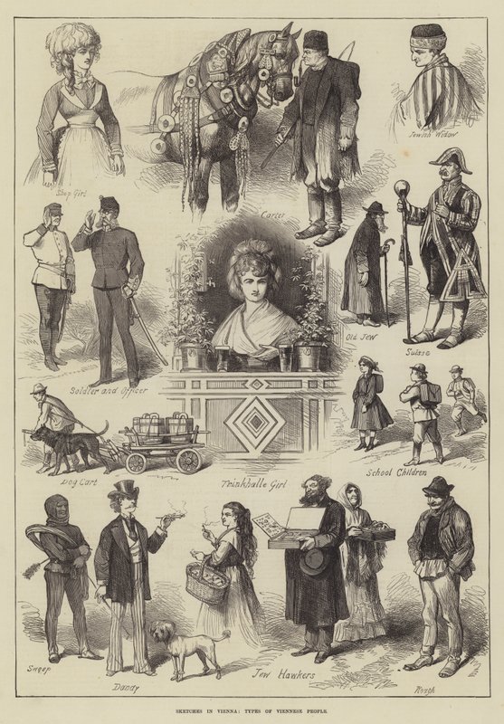 Schetsen in Wenen, typen van Weense mensen (gravure) door English School