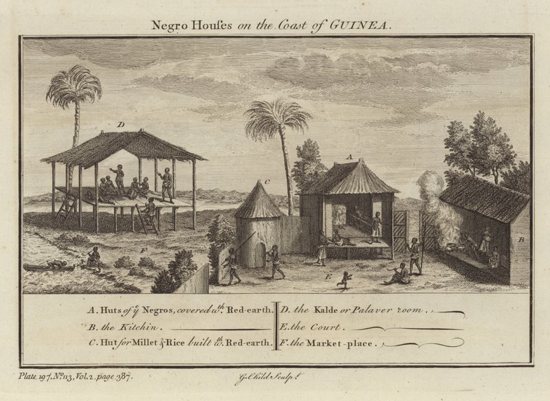 Slavenhuizen aan de kust van Guinee door English School