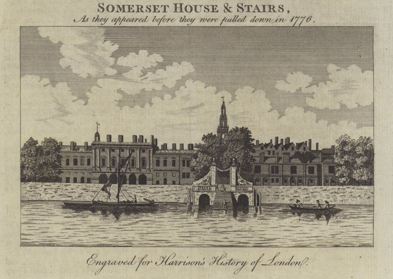 Somerset House en trappen, Londen, zoals ze eruitzagen voordat ze in 1776 werden afgebroken door English School