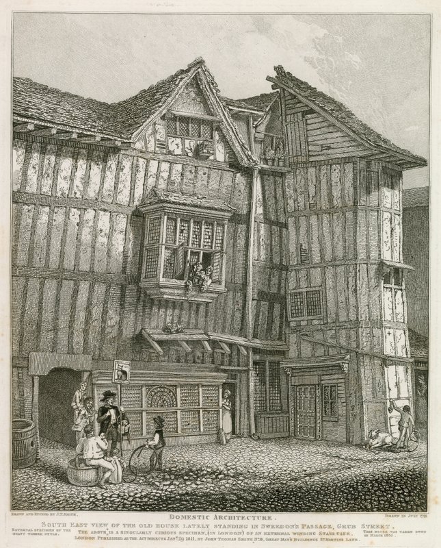 Zuidoostelijk uitzicht van een oud huis dat onlangs stond in Sweedons Passage, Grub Street door English School