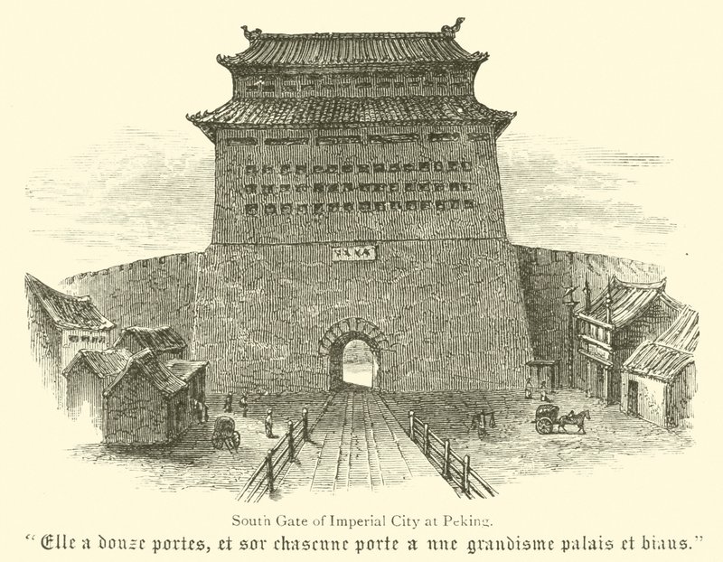 Zuidpoort van keizerlijke stad Peking (gravure) door English School