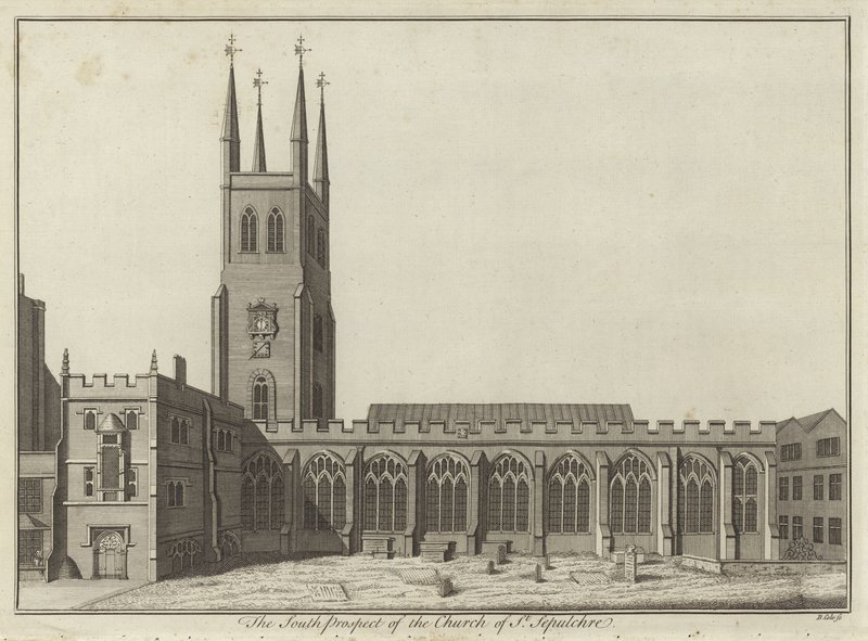 Zuidelijk uitzicht op de kerk van St. Sepulchre, Londen door English School