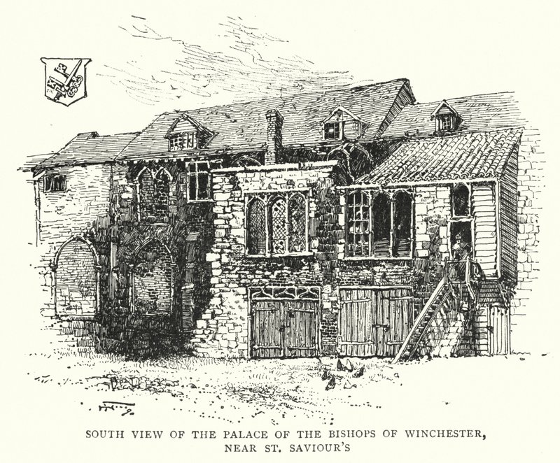 Zuidelijk uitzicht op het paleis van de bisschoppen van Winchester, nabij St Saviour