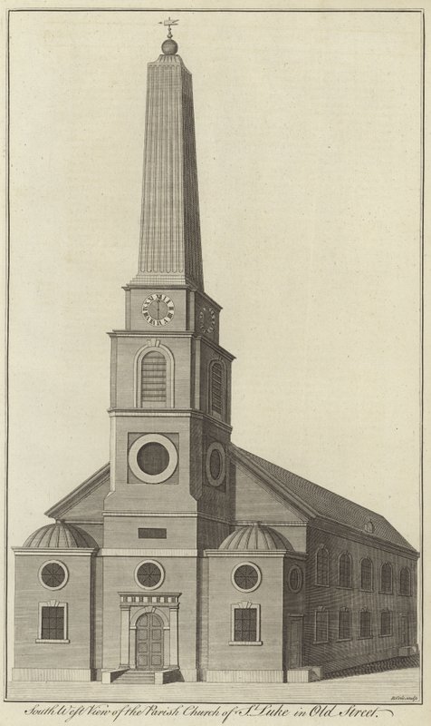 Zuidwestelijk aanzicht van de parochiekerk van St Luke in Old Street, Londen door English School