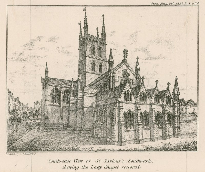 Zuidoostaanzicht van St Saviours Church, Southwark, met de gerestaureerde Lady Chapel door English School