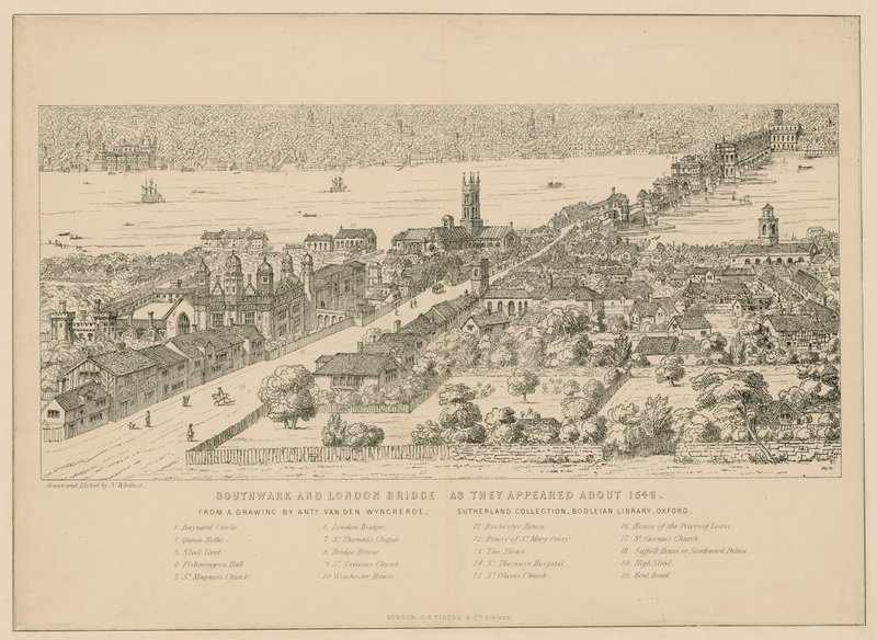Southwark en London Bridge zoals ze eruitzagen rond 1546 door English School