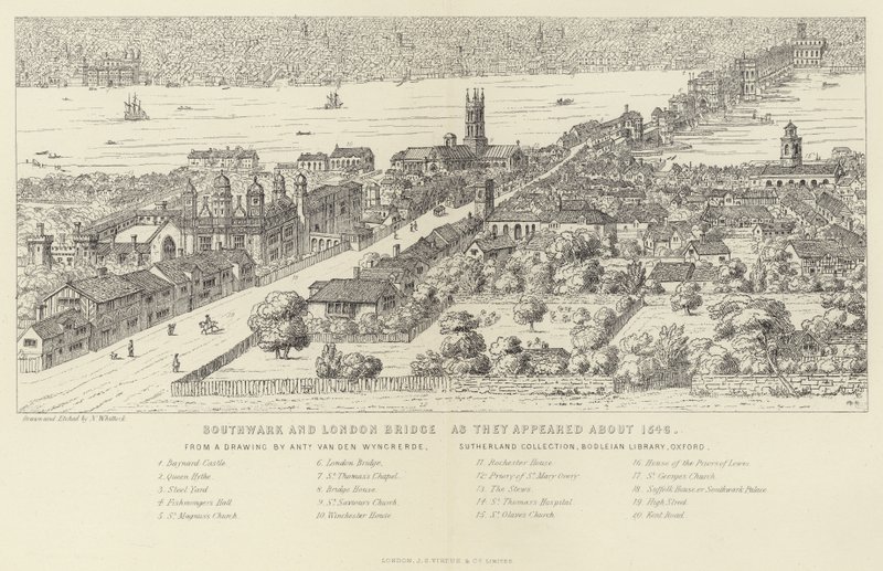 Southwark en London Bridge zoals ze eruitzagen rond 1546 door English School