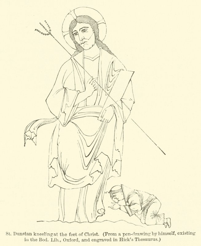 St Dunstan knielt aan de voeten van Christus, uit een pentekening van hemzelf, bestaande in de Bod Lib, Oxford, en gegraveerd in Hick