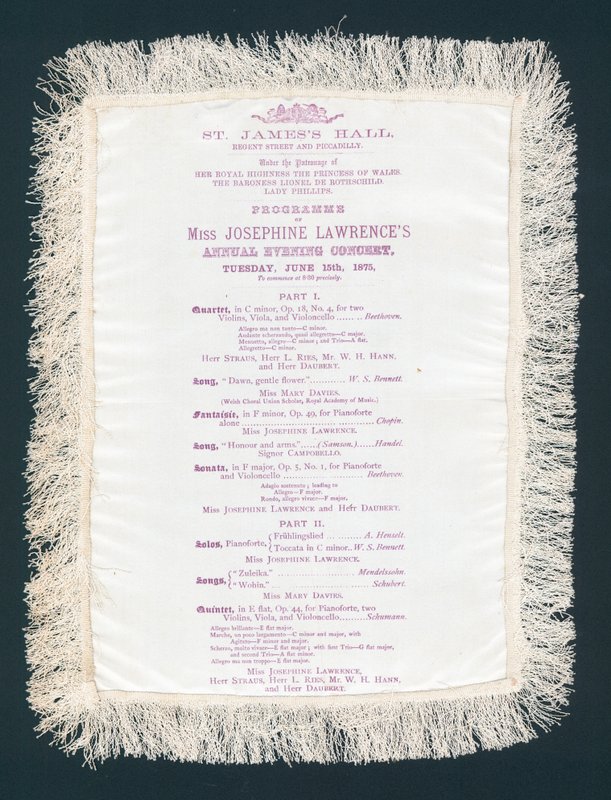 St Jamess Hall, Regent Street en Piccadilly, Programma van Miss Josephine Lawrences Jaarlijkse Avondconcert, 15 juni 1875 door English School