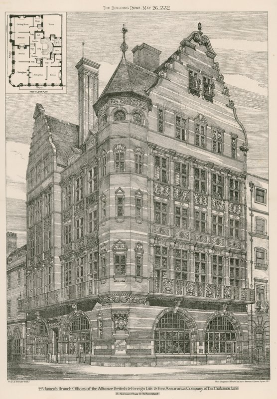 St Jamess bijkantoren van de Alliance British & Foreign Life & Fire Assurance Company van Bartholomew Lane, Londen door English School