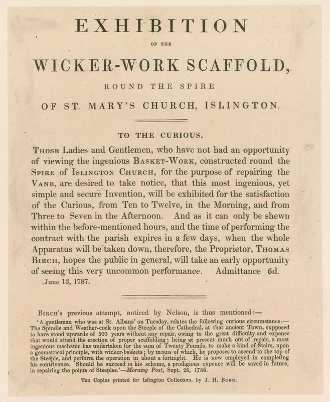 St Marys Church, Islington (oude kerk). Tentoonstelling van de vlechtwerk steiger door English School