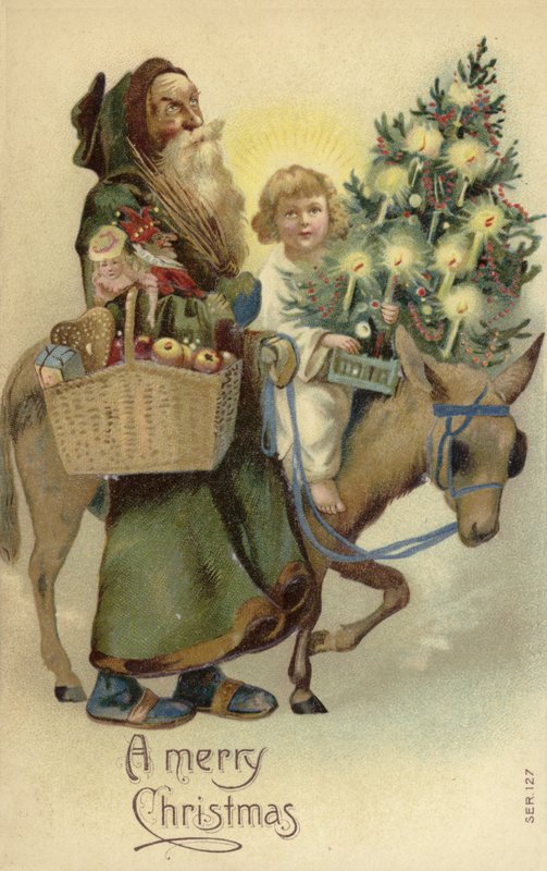 Sint Nicolaas en Jezus Christus, met kerstboom en cadeaus door English School