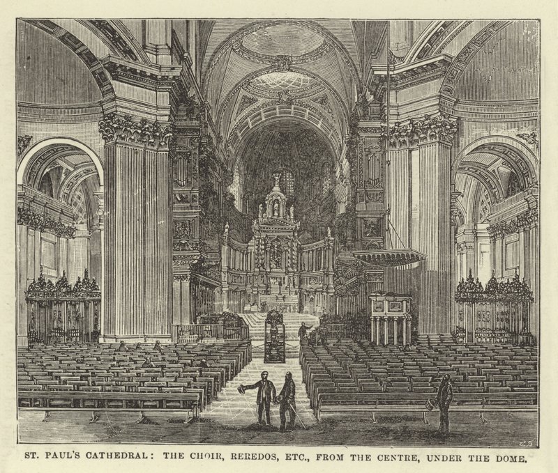 St Pauls Kathedraal, het Koor, Reredos, enz., vanaf het Centrum, onder de Koepel door English School