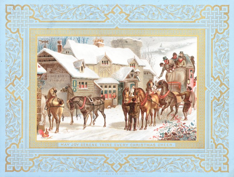 Postkoets en Paarden buiten Herberg, Kerstkaart door English School
