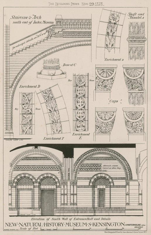 Trap en Boog en gevel van de zuidmuur van de ingangshal van het nieuwe Natuurhistorisch Museum, South Kensington door English School