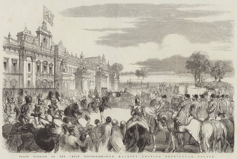 Staatsopening van de Grote Tentoonstelling, Hare Majesteit vertrekt uit Buckingham Palace door English School