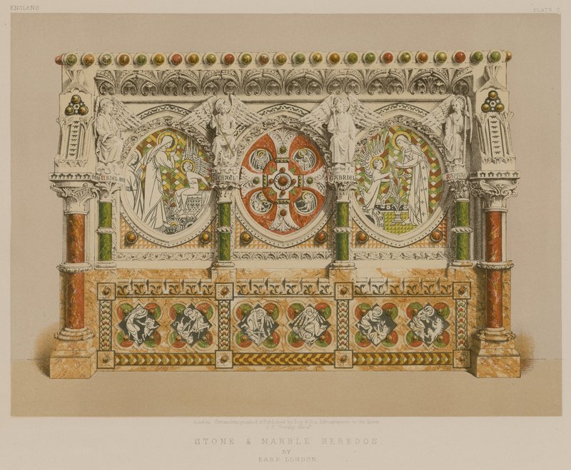 Stenen en marmeren retabel door Earp, Londen (chromolitho) door English School