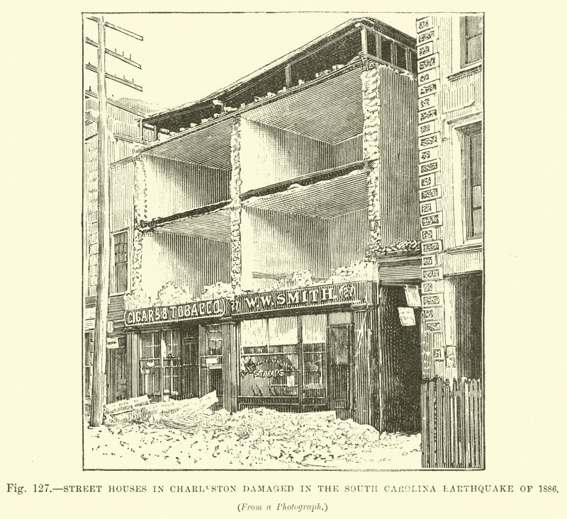 Straathuizen in Charleston beschadigd tijdens de aardbeving in South Carolina van 1886 door English School