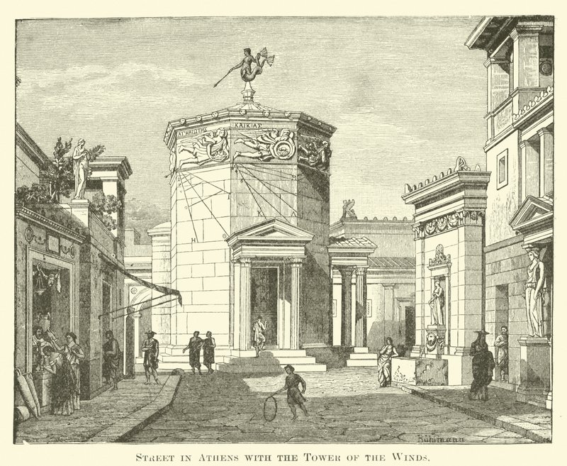 Straat in Athene met de Toren der Winden door English School