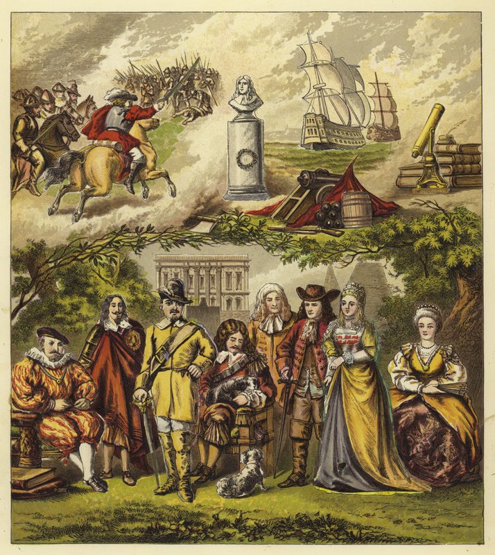 Stuarts, Gemenebest en Huis van Oranje; Koning Jacobus I, Koning Karel I, Oliver Cromwell, Koning Karel II, Koning Jacobus II, Willem en Maria, Koningin Anna door English School
