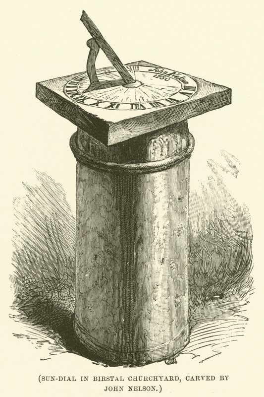 Zonnewijzer op het kerkhof van Birstal, gesneden door John Nelson (gravure) door English School