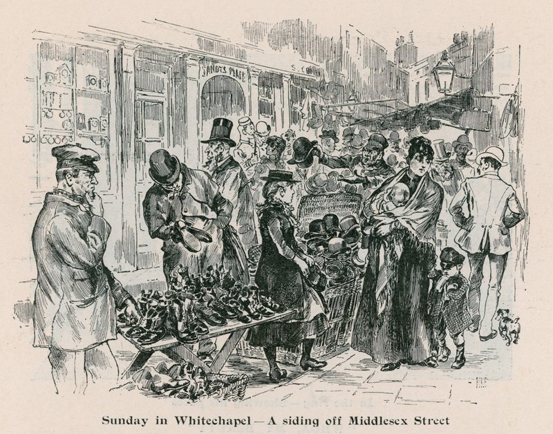 Zondag in Whitechapel - een zijstraat van Middlesex Street, Londen door English School