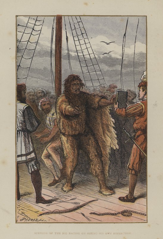 Verbaasdheid van de grote inboorling bij het zien van zijn eigen reflectie (gekleurde gravure) door English School