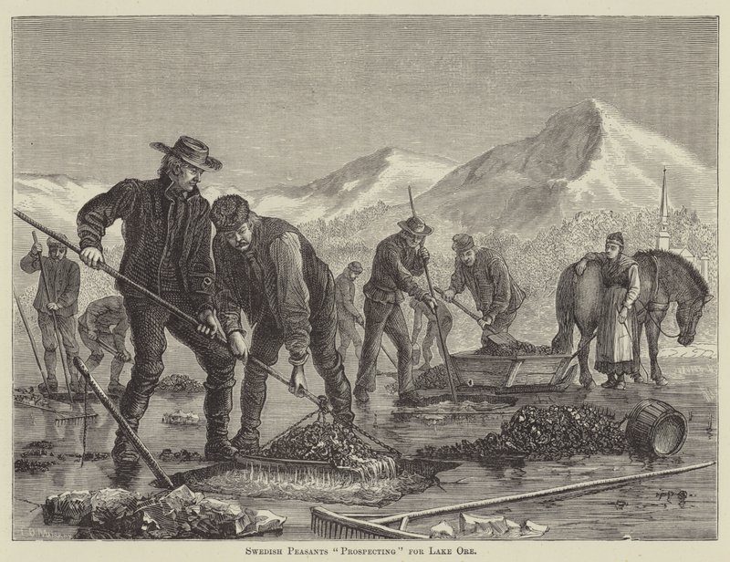 Zweedse boeren "op zoek" naar erts uit het meer (gravure) door English School