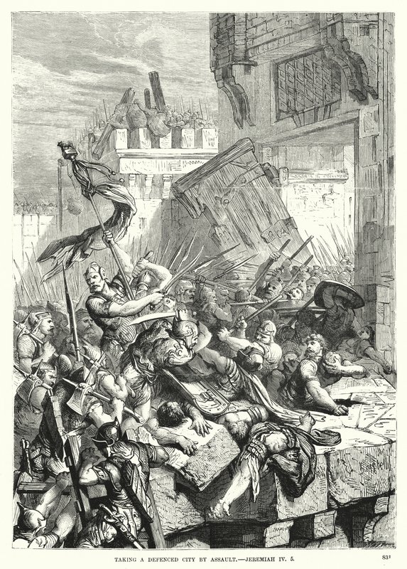 Een versterkte stad met geweld ingenomen, Jeremia IV, 5 (gravure) door English School