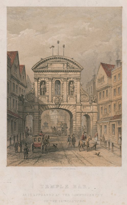 Temple Bar zoals het verscheen aan het begin van de 18e eeuw door English School