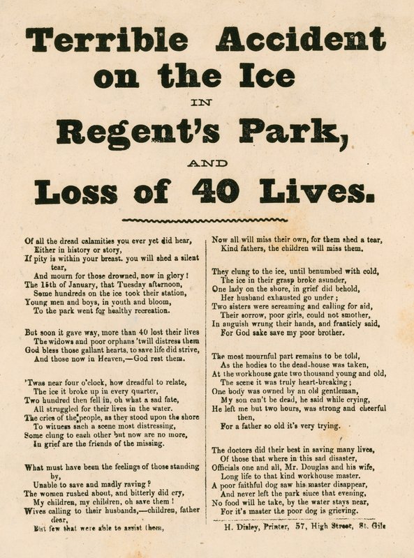 Verschrikkelijk ongeluk op het ijs in Regents Park, Londen door English School