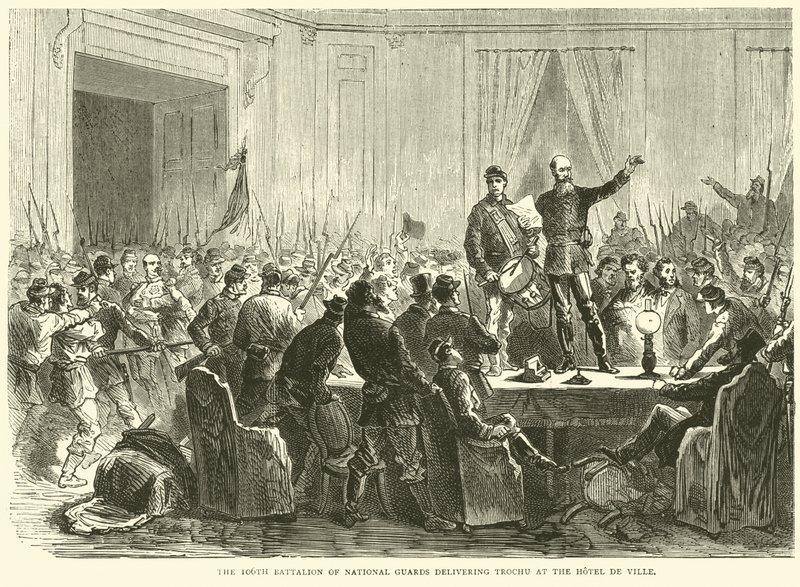 Het 106e bataljon van de Nationale Garde levert Trochu af bij het Hotel de Ville, oktober 1870 door English School