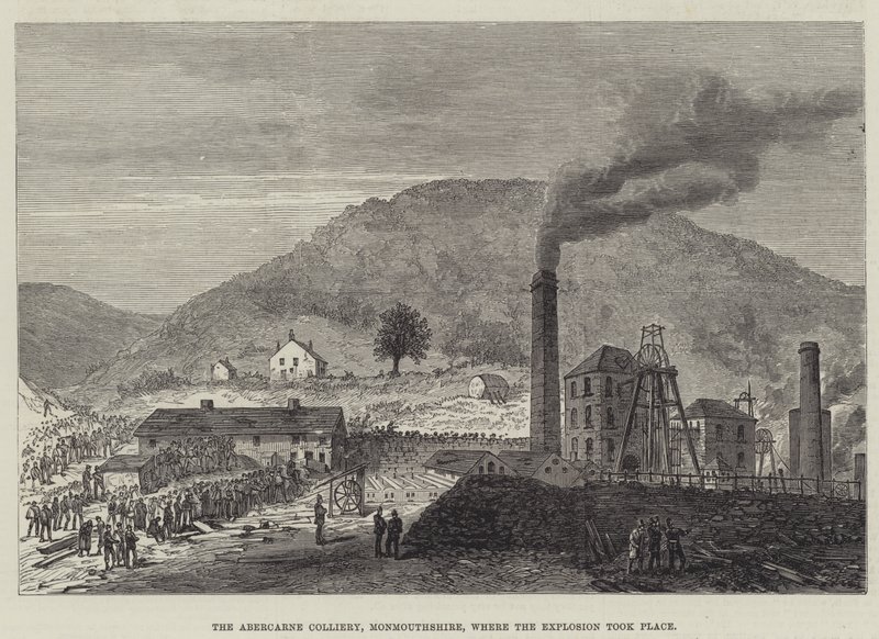 De Abercarne Kolenmijn, Monmouthshire, waar de Explosie plaatsvond (gravure) door English School