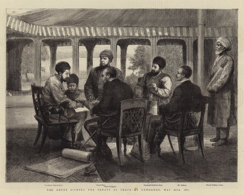 De Ameer die het vredesverdrag ondertekent in Gandamak, 26 mei 1879 door English School