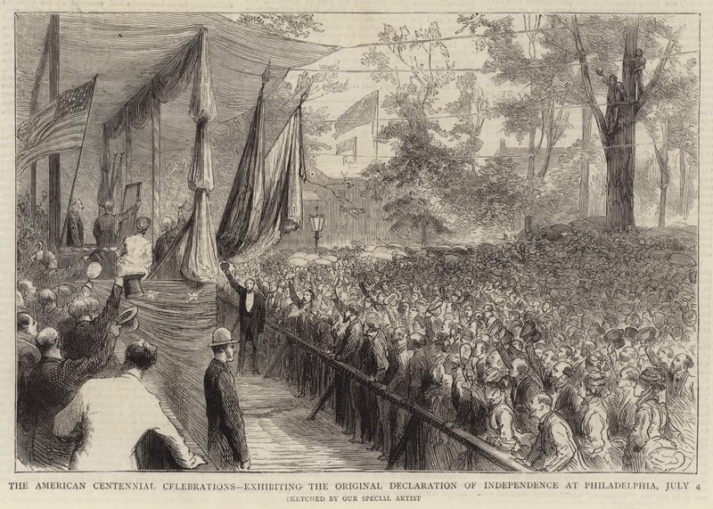 De Amerikaanse Eeuwfeestvieringen, het tentoonstellen van de originele Onafhankelijkheidsverklaring in Philadelphia, 4 juli door English School