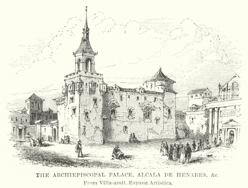 Het aartsbisschoppelijk paleis, Alcala de Henares etc (gravure) door English School
