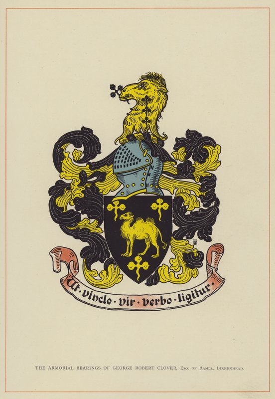 De wapenschilden van George Robert Clover, Esquire van Ramle, Birkenhead (kleurenlitho) door English School