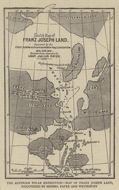 De Oostenrijkse poolexpeditie, kaart van Franz Joseph Land, ontdekt door Messers Payer en Weyprecht (gravure) door English School