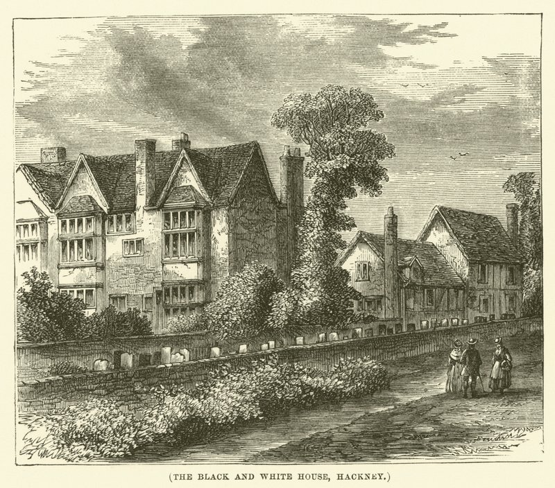 Het zwart-witte huis, Hackney (gravure) door English School