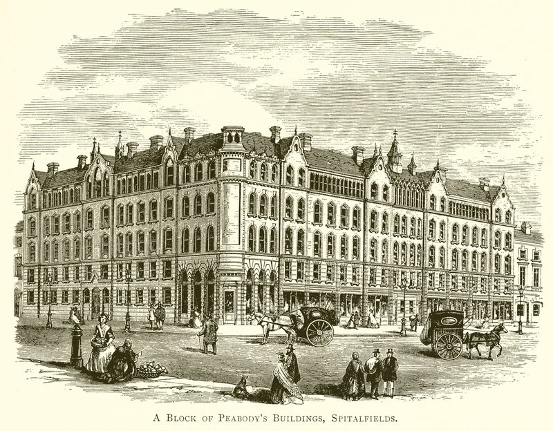 Het blok van Peabodys gebouwen, Spitalfields door English School