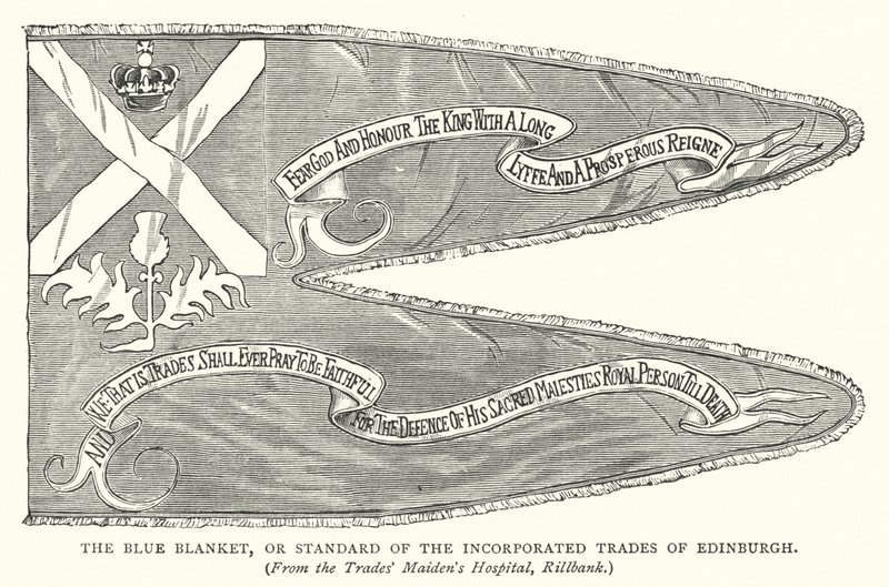 De Blauwe Deken, of Standaard van de Geïntegreerde Ambachten van Edinburgh (gravure) door English School