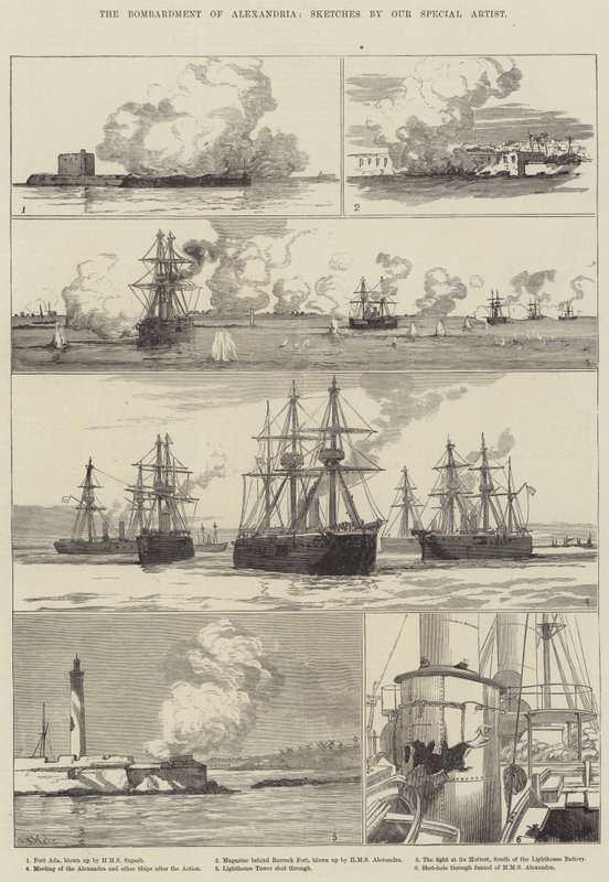 Het Bombardement van Alexandrië (gravure) door English School