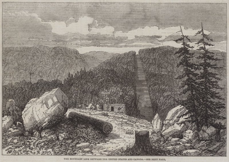 De grenslijn tussen de Verenigde Staten en Canada (gravure) door English School