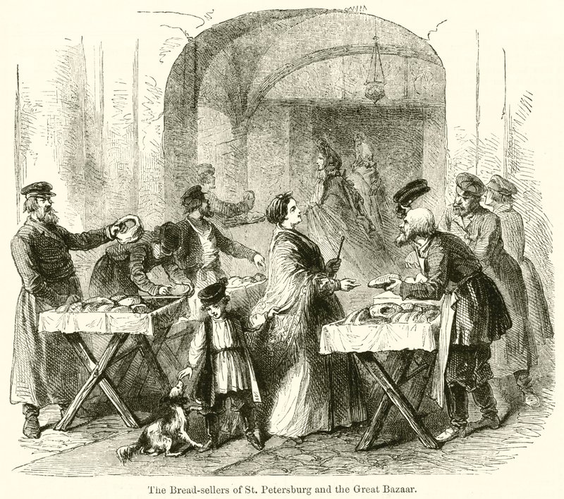 De broodverkopers van Sint-Petersburg en de Grote Bazaar door English School