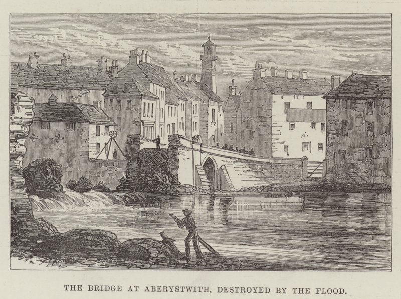 De brug bij Aberystwith, vernietigd door de overstroming door English School