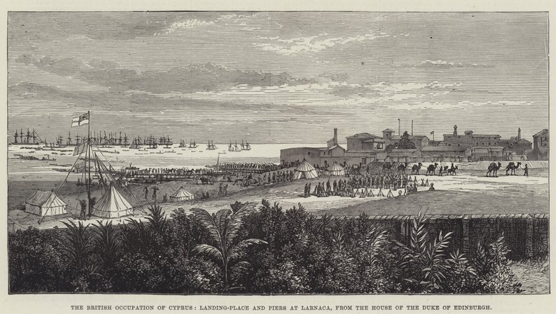 De Britse bezetting van Cyprus, aanlegplaats en pieren bij Larnaca, vanuit het huis van de hertog van Edinburgh (gravure) door English School