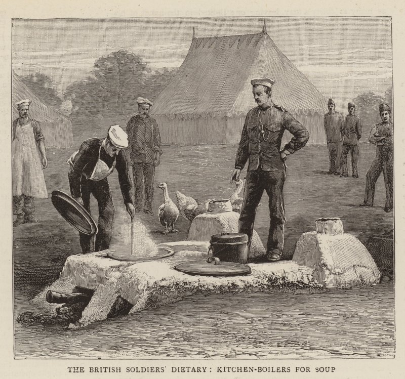 Het dieet van de Britse soldaten, keukenketels voor soep (gravure) door English School